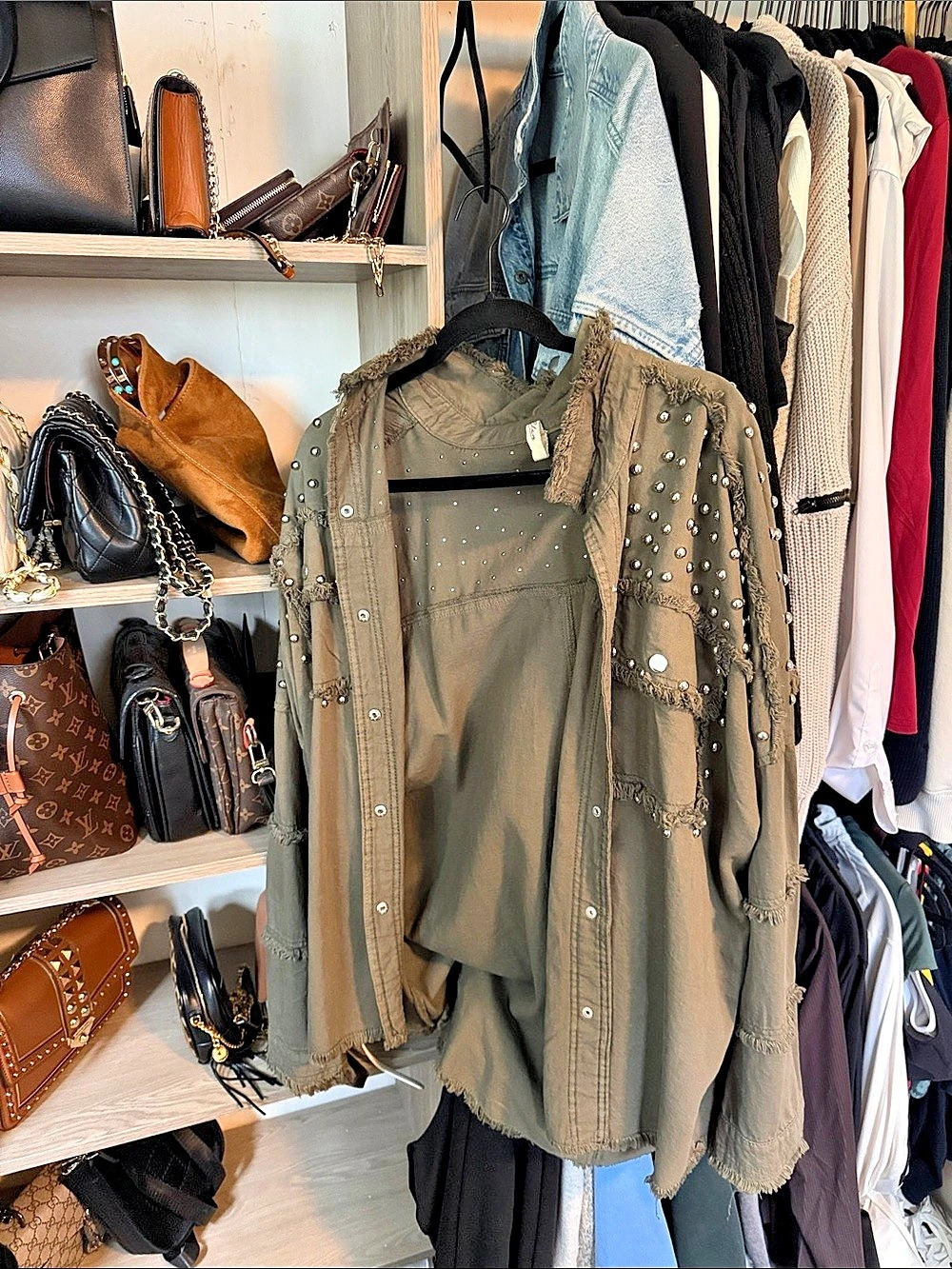 Elan Embellished Military Shirt Jacket Olive